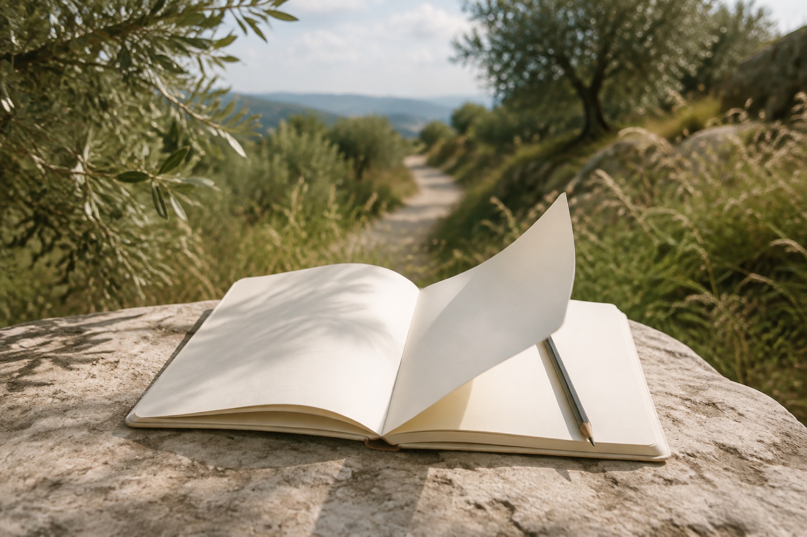 Un quaderno aperto con una pagina sollevata dal vento, tra ulivi e alte erbe.