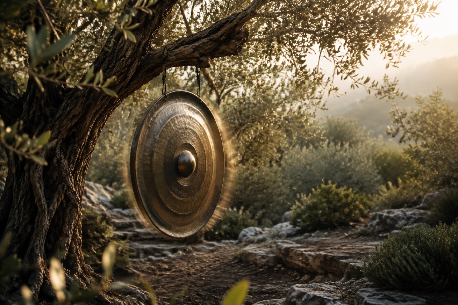 Gong in vibrazione sospeso tra i rami di un ulivo.