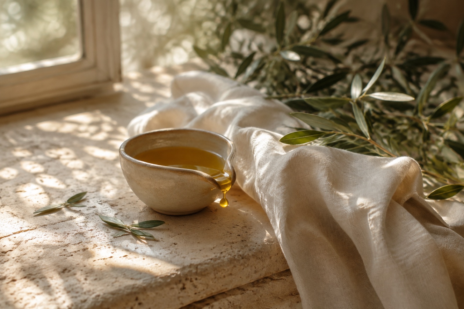 Immagine editoriale per Massaggio estetico dinamico: olio botanico tra lino e rami d’ulivo nella luce naturale.