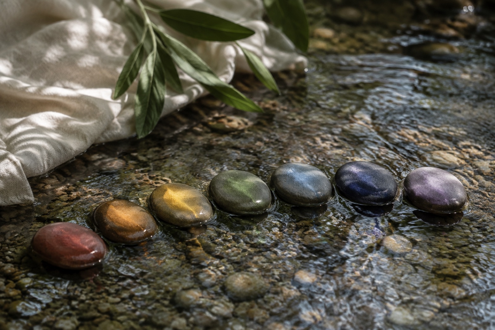 Editorial image for Chakra Balancing: seven subtly coloured river stones resting in flowing water.