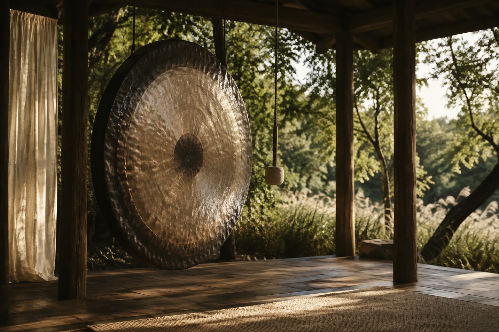 Editorial image for Sound Bath with Gong and Tibetan Singing Bowls: a large handcrafted gong in an open pavilion overlooking a grove.