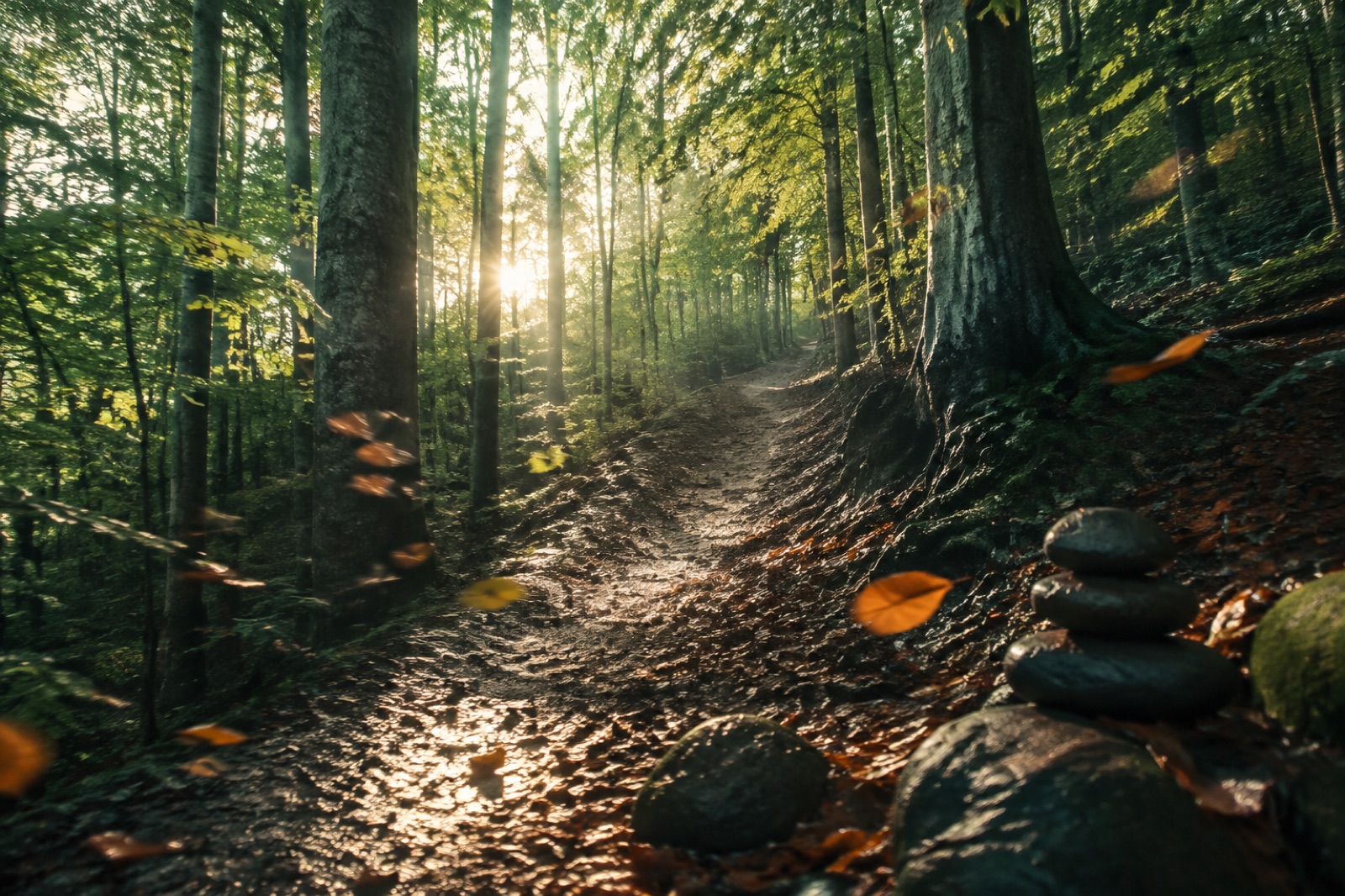 Immagine editoriale per Continuità Sportiva: un sentiero nel bosco attraversato da luce e foglie in movimento.